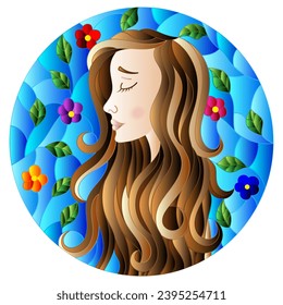 The illustration in stained glass style painting with a girl with brown hair and tree branches on background of blue sky, oval image 