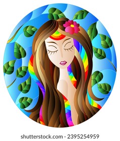 The illustration in stained glass style painting with a girl with brown hair and tree branches on background of blue sky, oval image