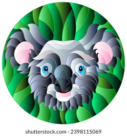 The illustration in stained glass style painting with a koala bear's head  on a green background, a round image 