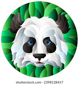 Ilustración en un cuadro de cristal teñido con la cabeza de un oso panda sobre un fondo verde, imagen redonda 