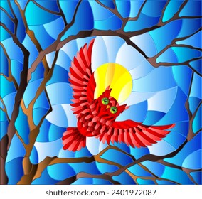 The illustration in stained glass style painting with the fabulous red owl in the day sky and sun in between the branches of the tree