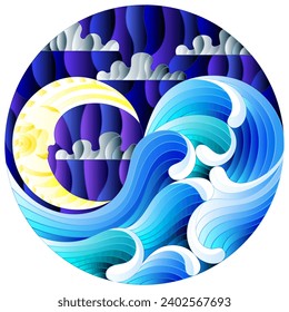 The illustration in stained glass style painting abstract landscape sea waves on the background of  sky and clouds with moon , round illustration