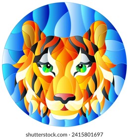 The illustration in stained glass style painting with a tiger's head , a circular image 