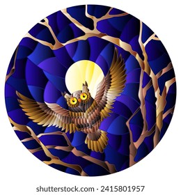 The illustration in stained glass style painting with the fabulous owl in the night starry sky and moon in between the branches of the tree, round image