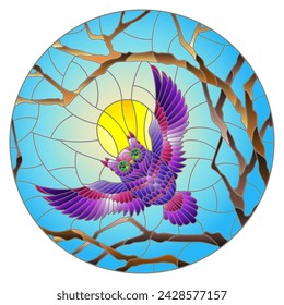 The illustration in stained glass style painting with the fabulous purple owl in the day sky and sun in between the branches of the tree, round image