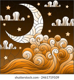 The illustration in stained glass style painting abstract landscape sea waves on the background of  sky and clouds with moon, tone brown