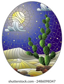 Ilustración en estilo vitral con paisaje desértico, cactus en un fondo de dunas, cielo nocturno estrellado y luna, Imagen oval