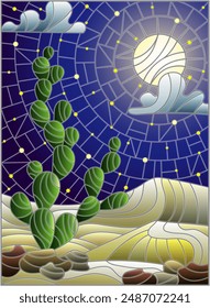 Ilustración en pintura estilo vitral con paisaje desértico, cactus en un fondo de dunas, cielo nocturno estrellado y luna