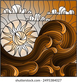 The illustration in stained glass style painting abstract landscape sea waves on the background of Sunny sky and clouds, tone brown