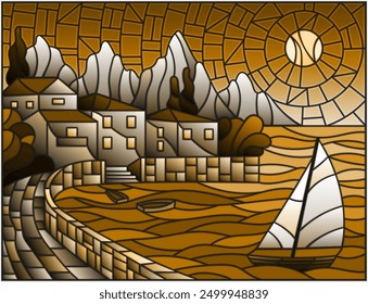 The illustration in stained glass style painting with a sailboat on the background of the Bay with city, sea and sun of the day sky, tone brown