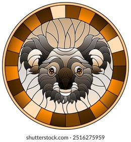 The illustration in stained glass style painting with a koala bear's head , a circular image in frame, tone brown