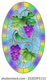 The illustration in stained glass style painting with a bunch of red grapes and leaves on a blue background, oval image in bright frame 