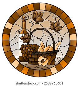 The illustration in stained glass style painting with a still life, a bottle of wine,  and fruits ,oval image in frame, tone brown