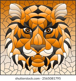 The illustration in stained glass style painting with a tiger's head , tone brown