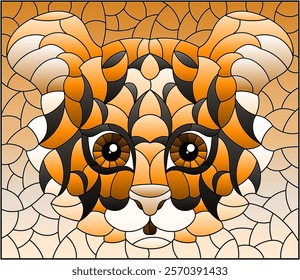 The illustration in stained glass style painting with a tiger's head on a blue background, rectangular image, tone brown