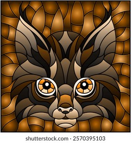 The illustration in stained glass style painting with a lynx's head , tone brown