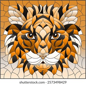 The illustration in stained glass style painting with a tiger's head on a tone brown