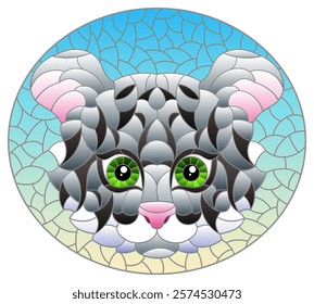 The illustration in stained glass style painting with a tiger's head on a blue background, oval image