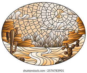 The illustration in stained glass style painting with desert landscape, cactus in a lbackground of dunes, sky and sun, oval image, tone brown