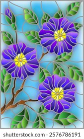 The illustration in stained glass style painting with a branch of flowering plants on a blue background, purple  flowers, buds and leaves against the sky