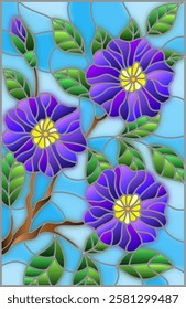 The illustration in stained glass style painting with a branch of flowering plants on a blue background, purple  flowers, buds and leaves against the sky