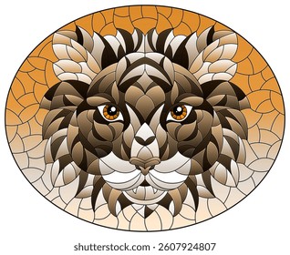 The illustration in stained glass style painting with a tiger's head on a, round image,tone brown