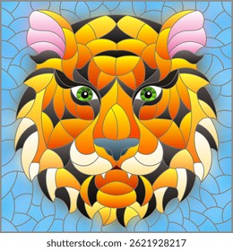 The illustration in stained glass style painting with a tiger's head on a blue background, rectangular image