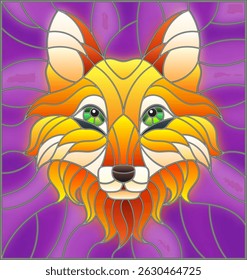 The illustration in stained glass style painting with a fox head , on purple background, square image