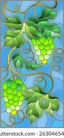 The illustration in stained glass style painting with a bunch of green grapes and leaves on blue background,vertical image
