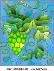 The illustration in stained glass style painting with a bunch of green grapes and leaves on blue background