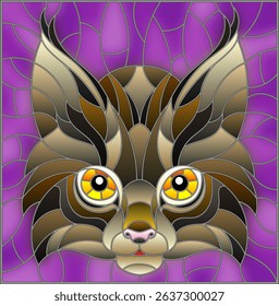 The illustration in stained glass style painting with a lynx's head on a purple background