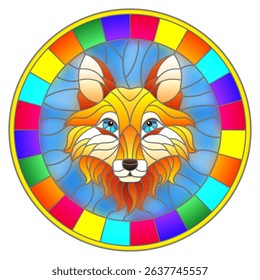 The illustration in stained glass style painting with a fox head , a circular image with bright frame
