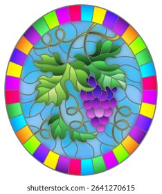The illustration in stained glass style painting with a bunch of red grapes and leaves on a blue background, oval image in bright frame 