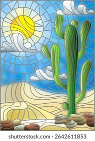 The illustration in stained glass style painting with desert landscape, cactus in a lbackground of dunes, sky and sun