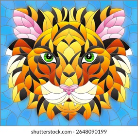 The illustration in stained glass style painting with a tiger's head on a blue background, rectangular image