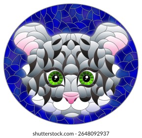 The illustration in stained glass style painting with a tiger's head on a blue background, oval image
