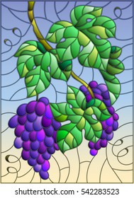 The illustration in stained glass style painting with a bunch of red grapes and leaves on sky background