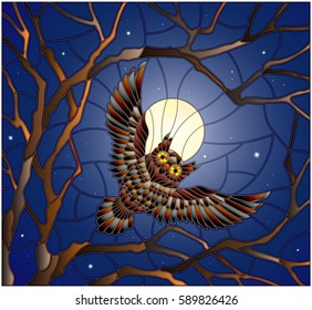 The illustration in stained glass style painting with the owl in the night starry sky and moon in between the branches of the tree