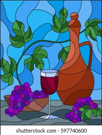 The illustration in stained glass style painting with a still life, a jug of wine, glass and grapes on a blue background