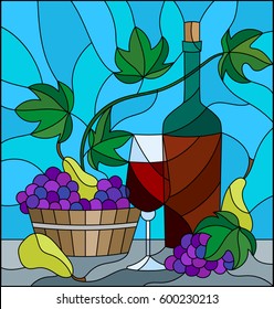 The illustration in stained glass style painting with a still life, a bottle of wine, glass and grapes on a blue background