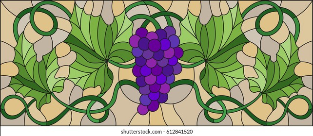 The illustration in stained glass style painting with a bunch of red grapes and leaves on brown background,horizontal orientation