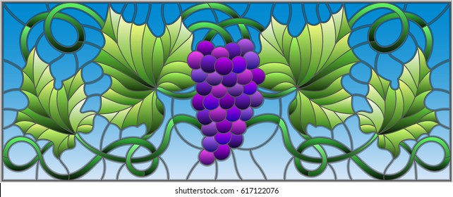 The illustration in stained glass style painting with a bunch of red grapes and leaves on sky background,horizontal orientation