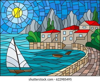 The illustration in stained glass style painting with a sailboat on the background of the Bay with city, sea and sun of the day sky