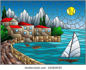 The illustration in stained glass style painting with a sailboat on the background of the Bay with city, sea and sun of the day sky