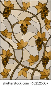 The illustration in stained glass style painting with a bunches of  grapes and leaves ,brown tone, sepia