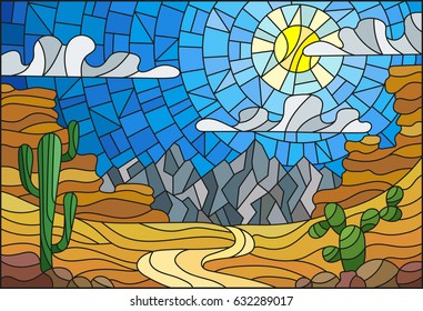 The illustration in stained glass style painting with desert landscape, cactus in a background of dunes, sky and sun