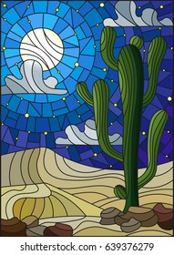 The illustration in stained glass style painting with desert landscape, cactus in a background of dunes, starry sky and moon 