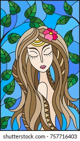 The illustration in stained glass style painting with a girl with brown hair and tree branches on background of blue sky