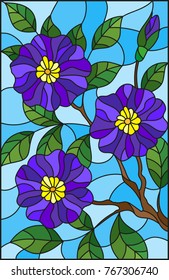 The illustration in stained glass style painting with a branch of flowering plants on a blue background, purple  flowers, buds and leaves against the sky