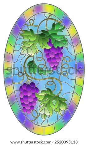 The illustration in stained glass style painting with a bunch of red grapes and leaves on a blue background, oval image in bright frame 